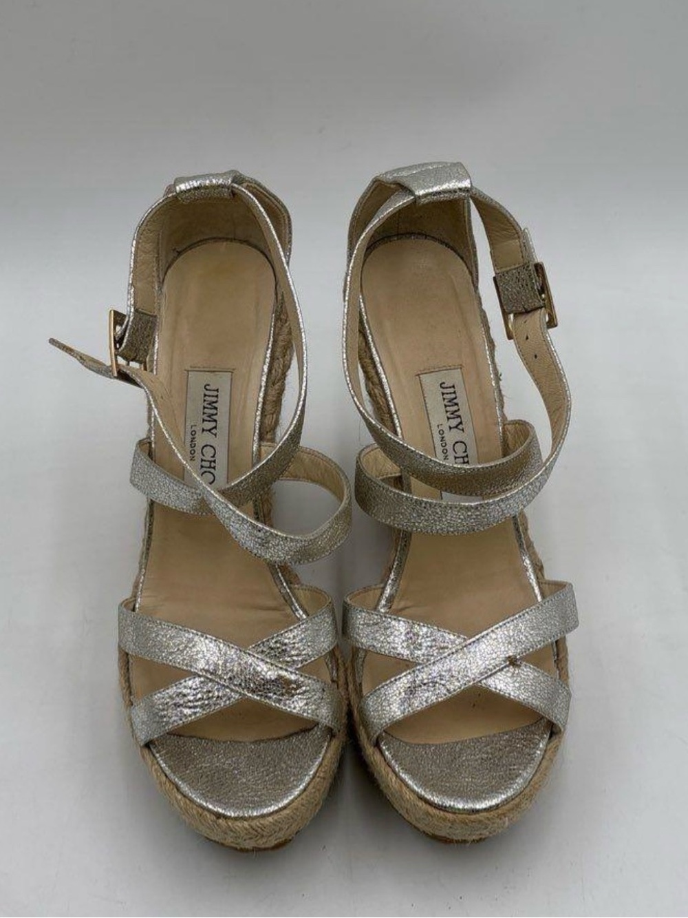 Jimmy Choo Silver Metallic Espadrille Wedge Sandals